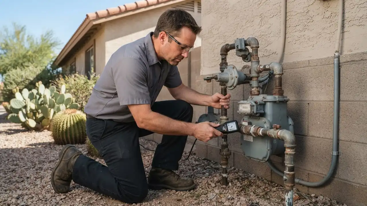 Gas Leak Repair in Phoenix: plumber is carefully checking the connections of a gas meter outdoors at the side of a
