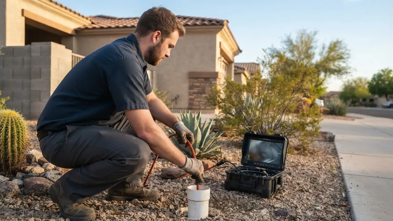 Emergency Plumber in Phoenix: plumber is expertly maneuvering a long, flexible camera cable into a sewer cleanout pipe in a