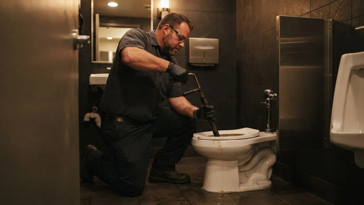 Commercial Emergency Plumbing in Phoenix: plumber is unclogging a commercial-grade toilet in a restaurant restroom, using a