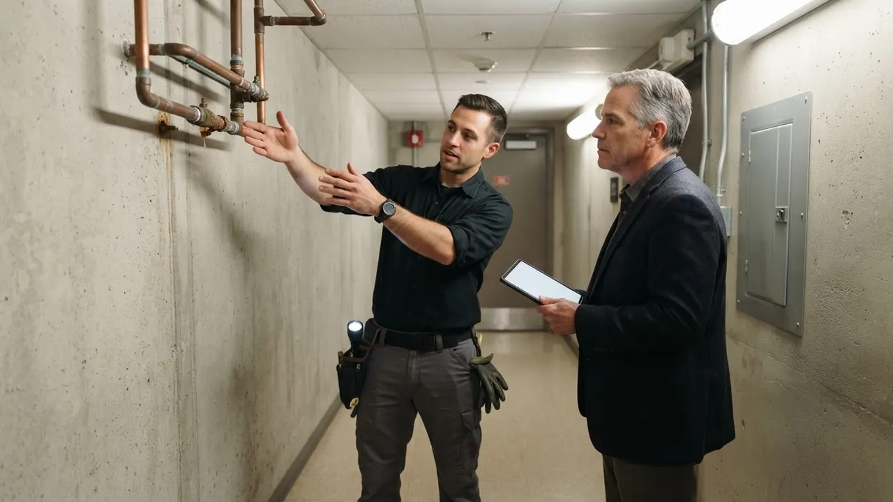 Emergency Plumber in Phoenix: plumber is consulting with a male building manager in a commercial building hallway, gesturing