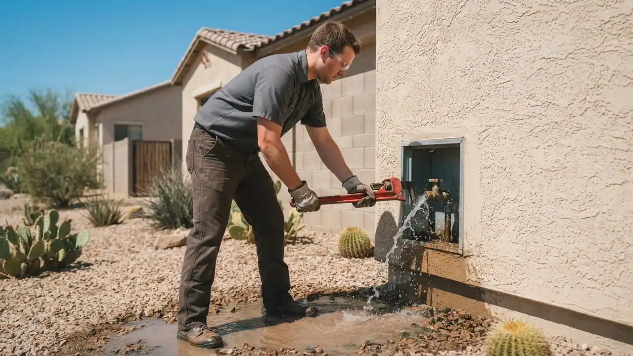 Emergency Plumbing in Phoenix: plumber is using a large pipe wrench to shut off the main water valve at the side of a
