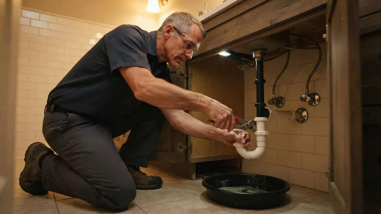 Drain Cleaning in Phoenix: plumber is removing the P-trap under a bathroom vanity to clear a hair clog, with a small pan