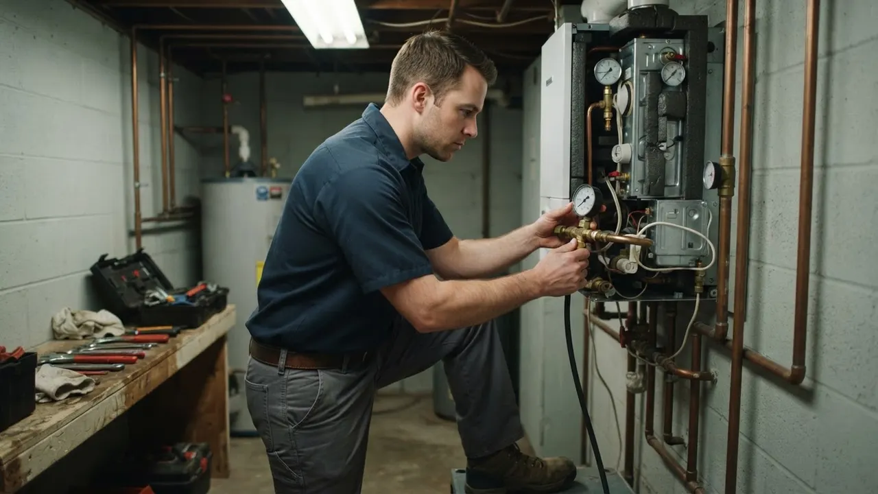 Emergency Boiler Repair in Phoenix: plumber is using a pressure gauge to check the water pressure on a residential boiler in