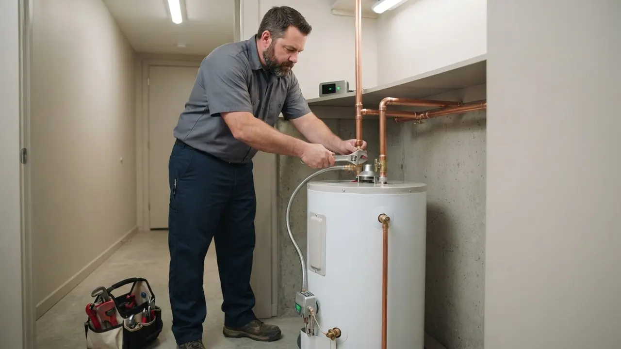Emergency Plumber in Phoenix: finished, perfectly installed new water heater with all shiny, clean connections in a clean