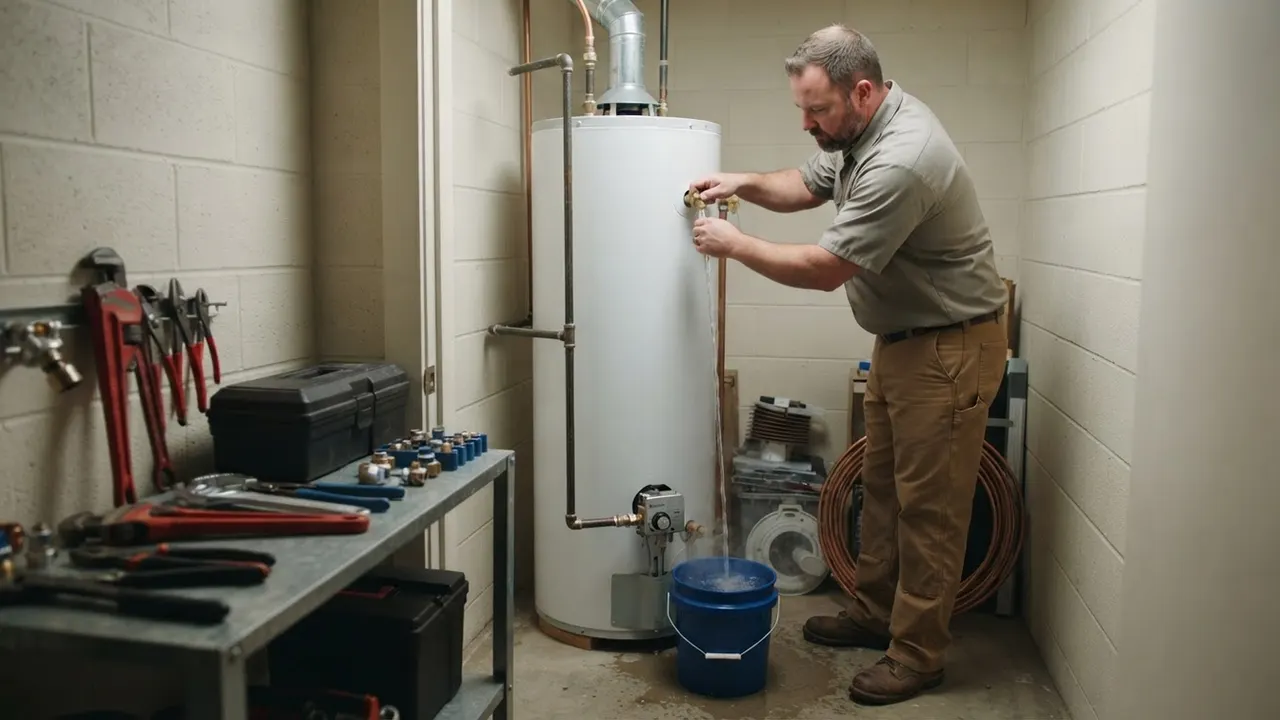 Water Heater Repair in Phoenix: plumber is testing the temperature and pressure relief valve on a gas water heater in a