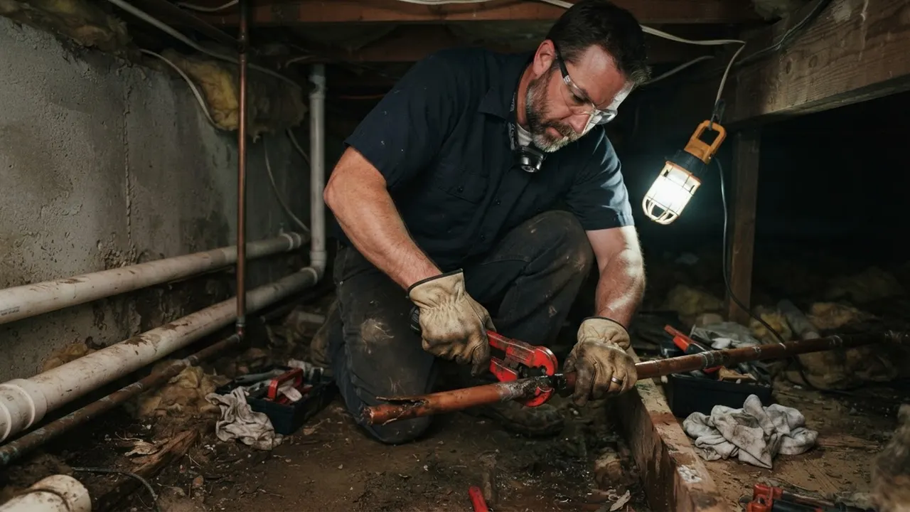 Burst Pipe Repair in Phoenix: plumber is cutting a section of copper pipe with a pipe cutter in a tight crawl space