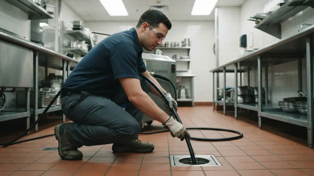 Hydro Jetting Service in Phoenix: plumber is carefully guiding a high-pressure hydro-jetting hose into a commercial kitchen