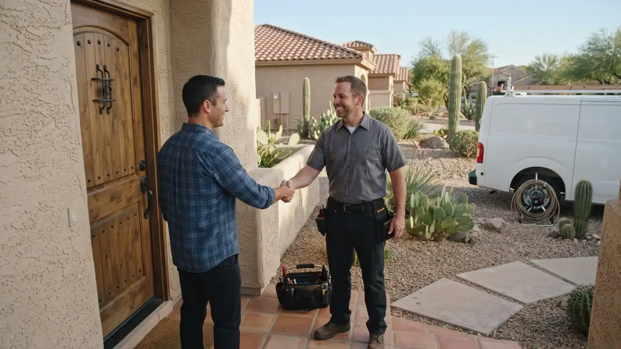 Emergency Plumber in Phoenix: licensed plumber, in work attire, is shaking hands with a male homeowner at the front door of