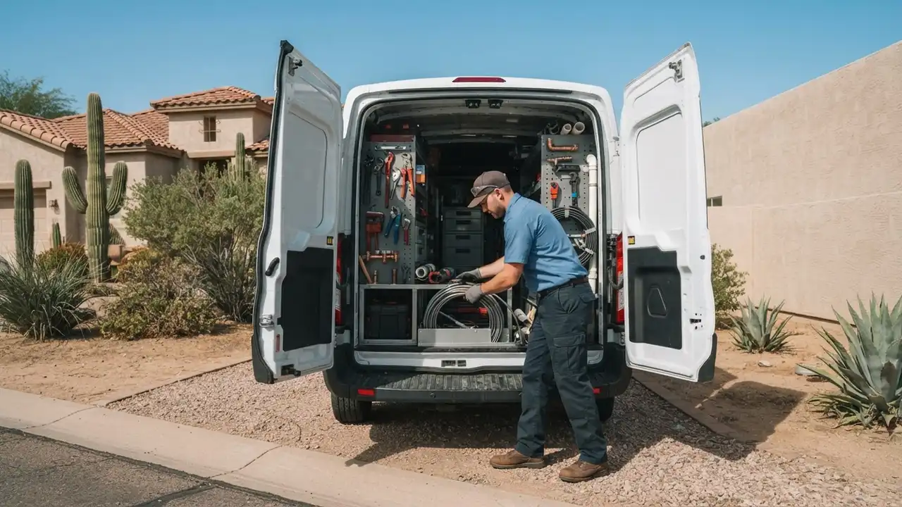 Emergency Plumber in Phoenix: rear of a clean, organized white service van with its back doors open, revealing an array of