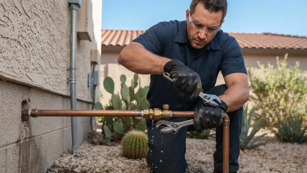 Water Line Leak Repair in Phoenix: plumber is tightening a compression fitting on a copper water supply line leading into a