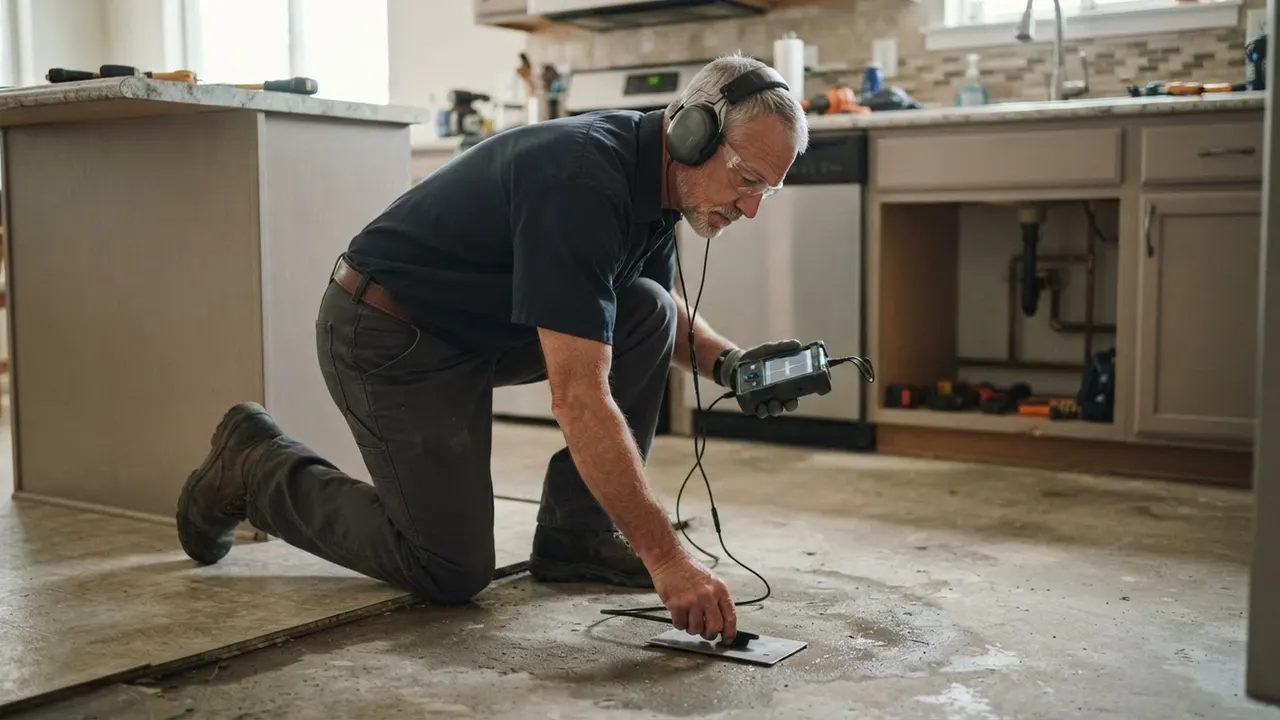 Leak Detection in Phoenix: plumber is using an acoustic leak detector on a concrete slab in a kitchen, listening for pipe