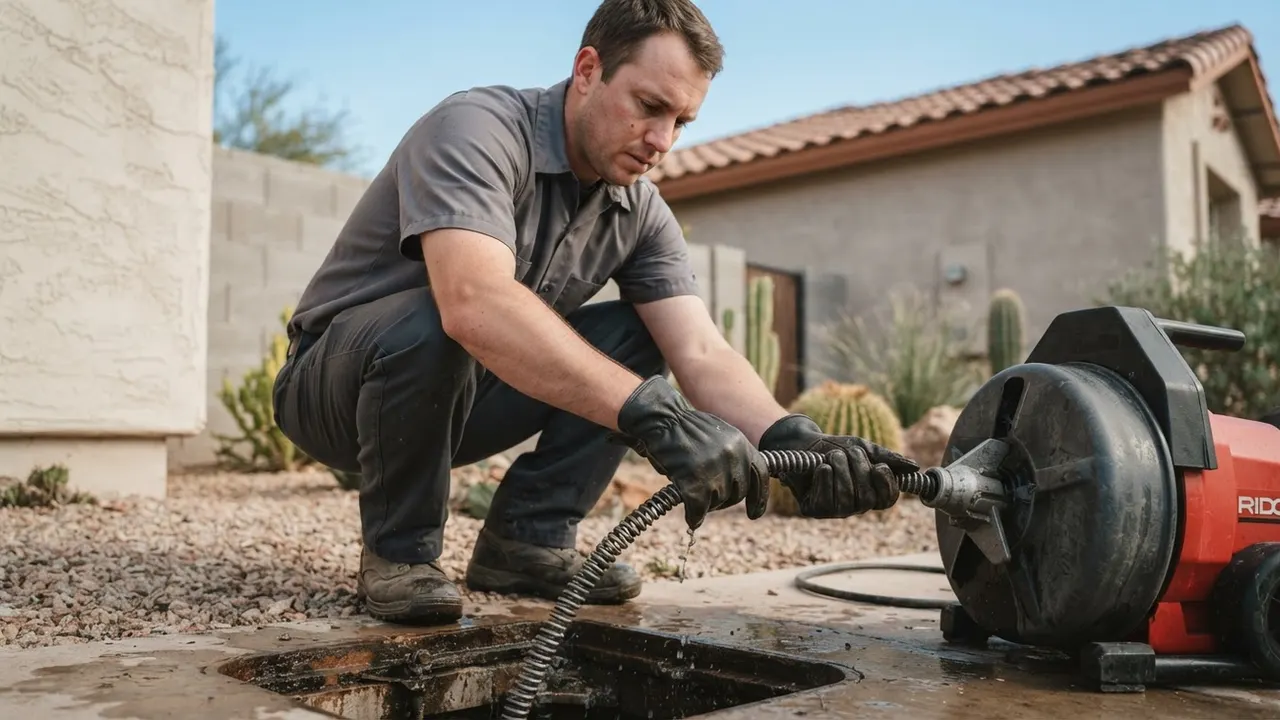 Emergency Plumber in Phoenix: plumber is using a large, motorized drain snake to clear a main sewer line from an outdoor